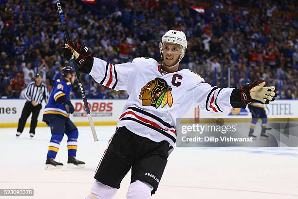 Jonathan Toews of the Chicago Blackhawks celebrates after the Blackhawks scored a goal against the St. Louis Blues in Game Five of the Western...
