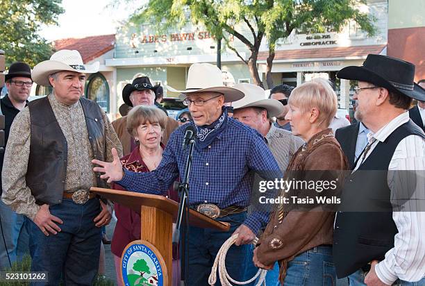 Television and film legend Johnny Crawford speaks at his star unveiling ceremony at The Walk of Western Stars on April 21, 2016 in Newhall,...