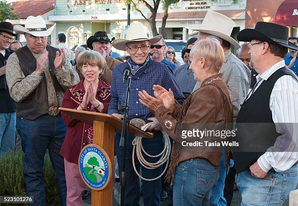 Television and film legend Johnny Crawford speaks at his star unveiling ceremony at The Walk of Western Stars on April 21, 2016 in Newhall,...