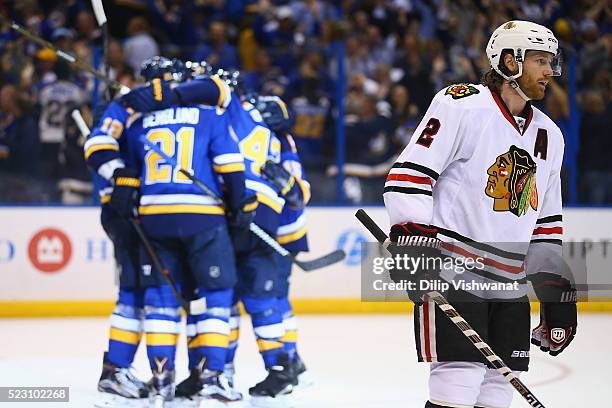 Duncan Keith of the Chicago Blackhawks reacts after the St. Louis Blues scored the game-tying goal in Game Five of the Western Conference First Round...