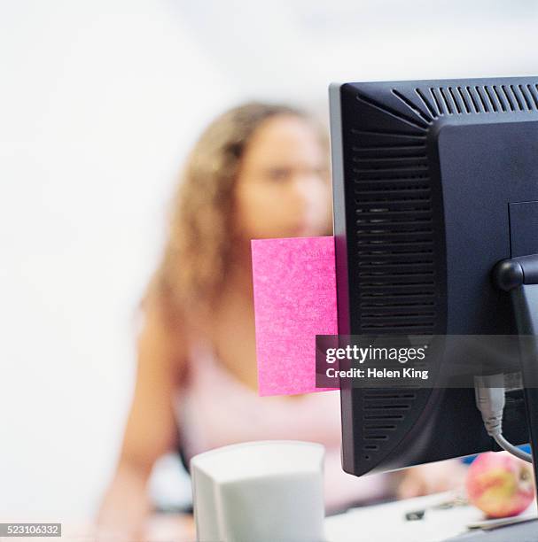 post-it note on computer monitor - sticky-notes-covering-computer-monitor stock pictures, royalty-free photos & images