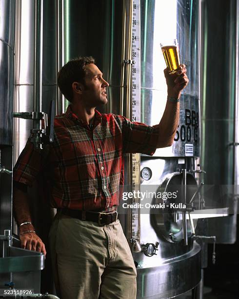 man examining brewed beer - vat foto e immagini stock