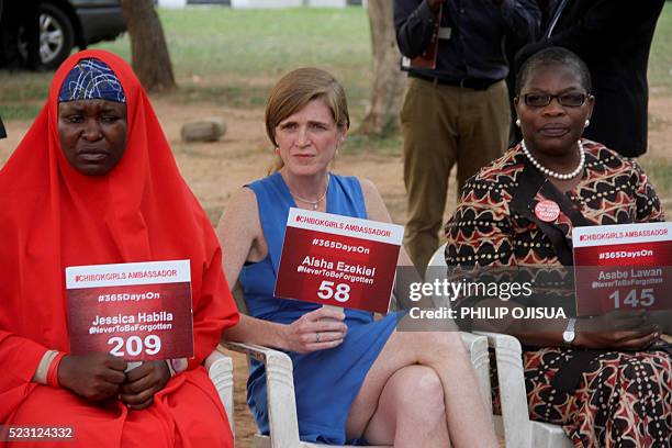 Permanent Representative to the United Nations Samantha Power is flanked by members of the Bring Back Our Girls group Aisha Yesufu and leader Oby...