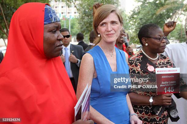 Permanent Representative to the United Nations Samantha Power is flanked by members of the Bring Back Our Girls group Aisha Yesufu and leader Oby...