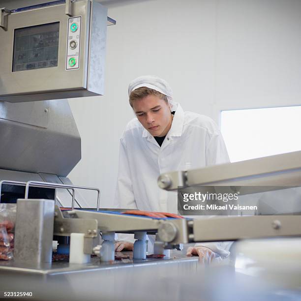 meat processing plant worker operating a processing machine - meat processing plant imagens e fotografias de stock