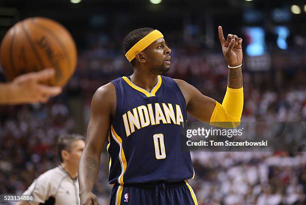 Miles of the Indiana Pacers during their game against the Toronto Raptors in Game One of the Eastern Conference Quarterfinals during the 2016 NBA...