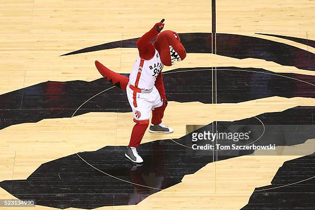 The Toronto Raptors mascot Raptor performs at center court before the start of the game against the Indiana Pacers in Game One of the Eastern...