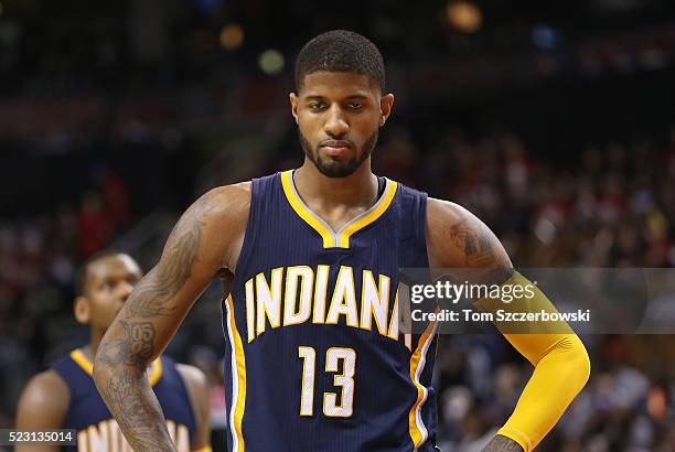 Paul George of the Indiana Pacers during their game against the Toronto Raptors in Game One of the Eastern Conference Quarterfinals during the 2016...