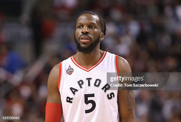 DeMarre Carroll of the Toronto Raptors during their game against the Indiana Pacers in Game One of the Eastern Conference Quarterfinals during the...