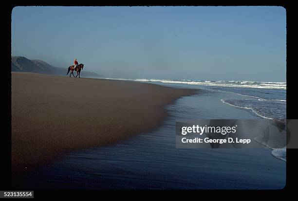 woman riding horse on beach - parque estatal de montaña de oro fotografías e imágenes de stock