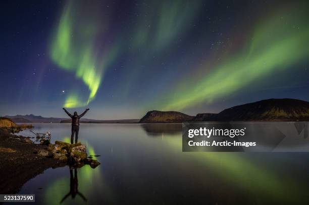 aurora borealis or northern lights, lake thingvellir, iceland - nationaal park pingvellir stockfoto's en -beelden