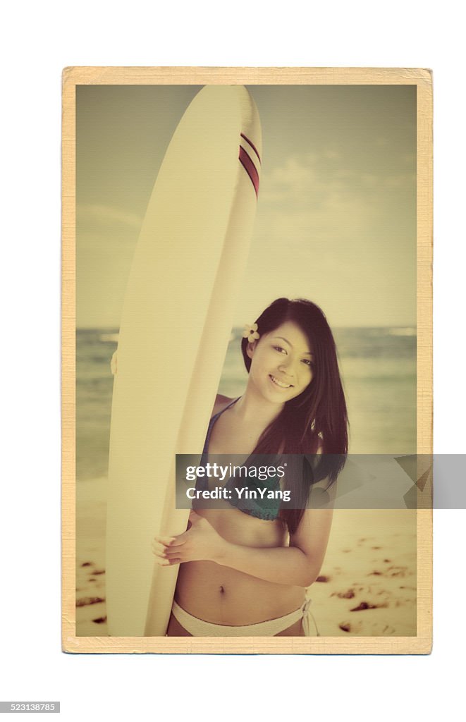 Retro Postcard of Surfer with Surfboard on the Beach of Hawaii