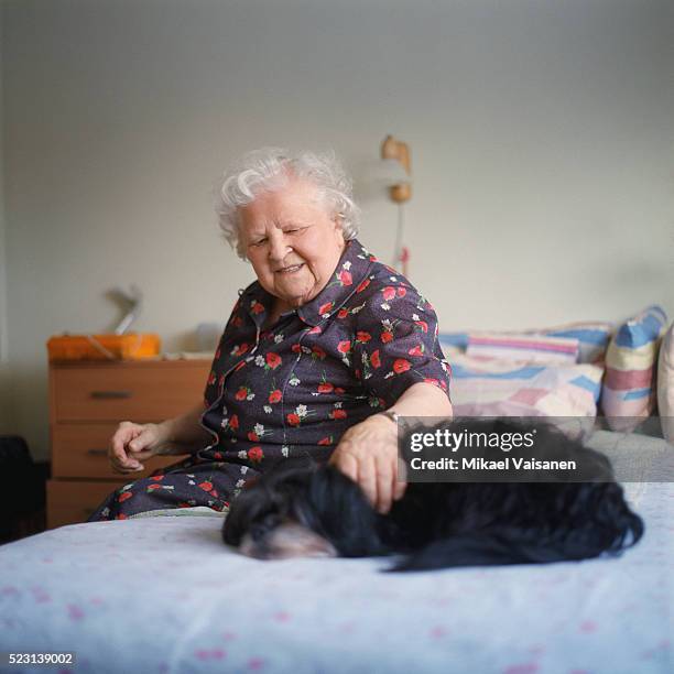 elderly woman petting dog on bed - haustierbesitzer stock-fotos und bilder