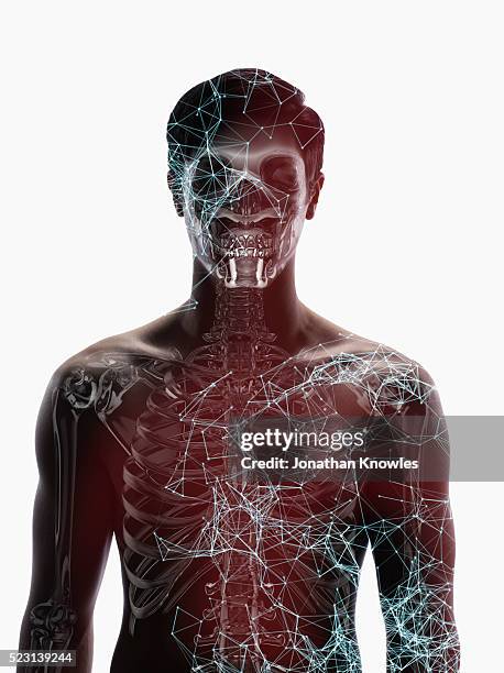 connected particles over face and chest of x-ray man - ai concept - human face anatomy stock pictures, royalty-free photos & images