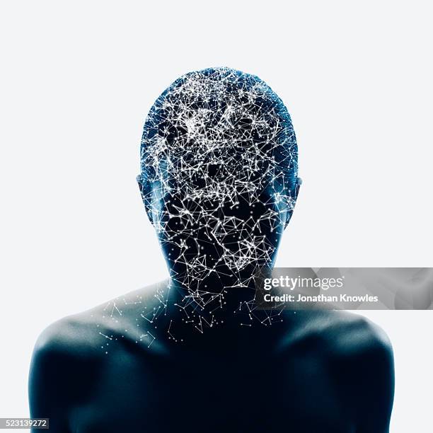 digitally generated image connected nerve cells obscuring head and face - changing things ストックフォトと画像