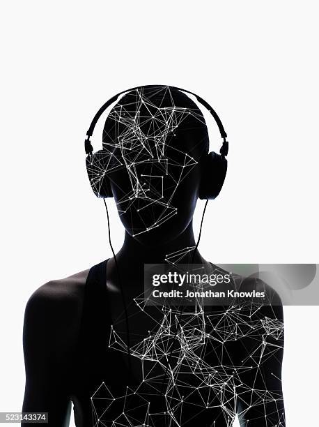 lines connecting dots covering woman listening to music with headphones - ai concept - artificial intelligence white background stock pictures, royalty-free photos & images