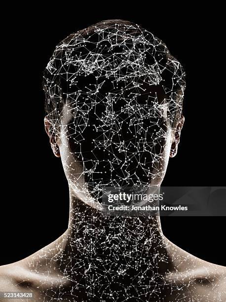 connected dots covering obscured face of man - ai concept - nerve cell stock pictures, royalty-free photos & images