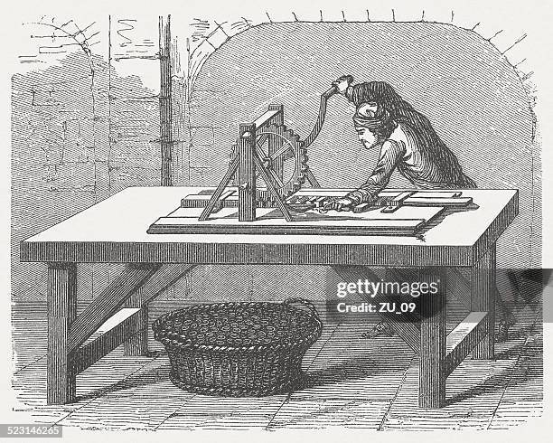 knurling machine for the edges of coins (17th century) - money press stock illustrations