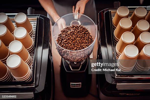 barista operating grinder with coffee beans - 挽く ストックフォトと画像