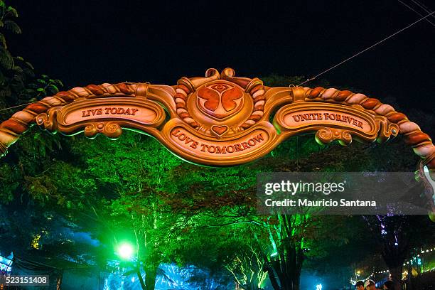 General view of atmosphere during the first day of the Tomorrowland music festival at Parque Maeda Itu on April 21, 2016 in Sao Paulo, Brazil.