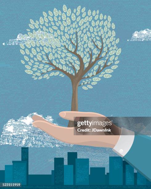 business growth concept tree with leaves - hands cupped stock illustrations