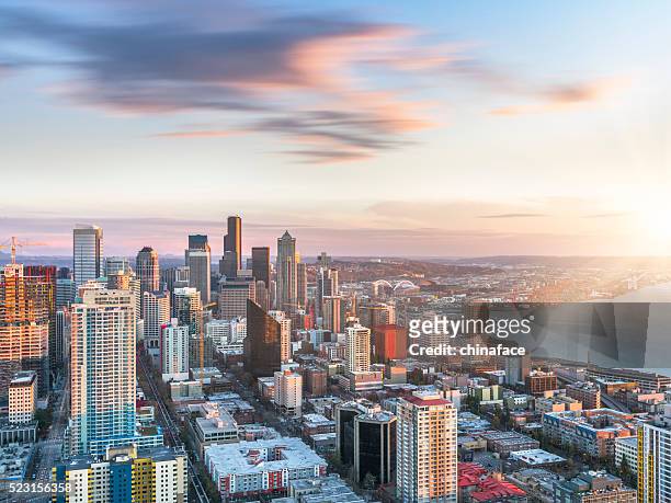 aerial view of seattle skyline - seattle stock pictures, royalty-free photos & images