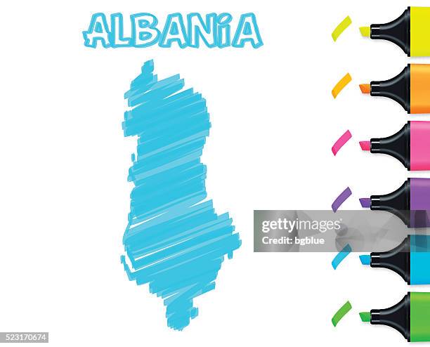 albania map hand drawn on white background, blue highlighter - drawn map marker stock illustrations