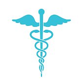 Medical icon. Minimal flat blue caduceus symbol on white backgro