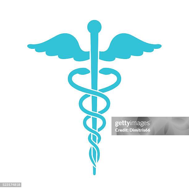 medical icon. minimal flat blue caduceus symbol on white backgro - 醫療標誌 幅插畫檔、美工圖案、卡通及圖標