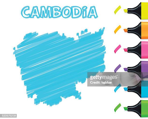 cambodia map hand drawn on white background, blue highlighter - cambodia pattern stock illustrations