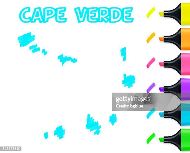 stockillustraties, clipart, cartoons en iconen met cape verde map hand drawn on white background, blue highlighter - praia