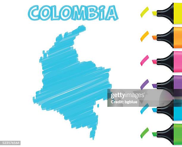 colombia map hand drawn on white background, blue highlighter - bogota stock illustrations stock illustrations