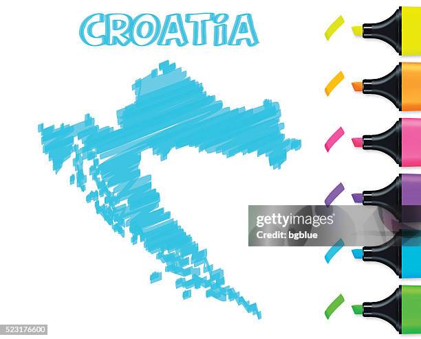croatia map hand drawn on white background, blue highlighter - zagreb stock illustrations
