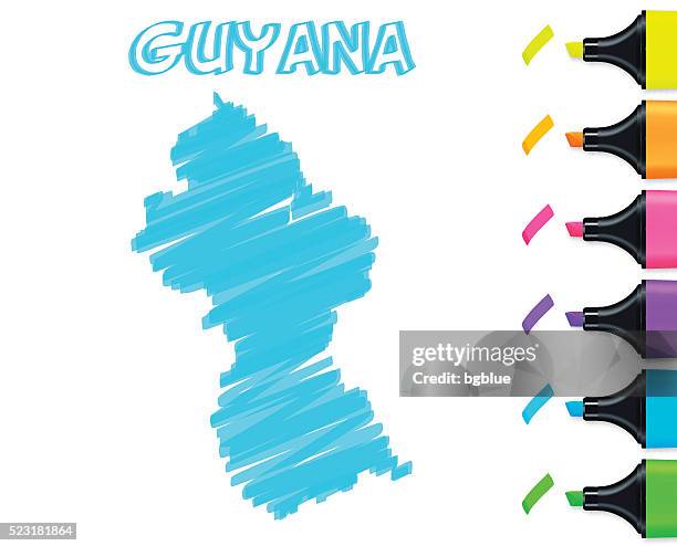 guyana map hand drawn on white background, blue highlighter - georgetown stock illustrations
