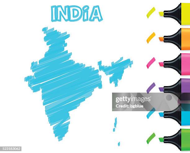 indien karte handgezeichnet auf weißem hintergrund, blau textmarker - new delhi stock-grafiken, -clipart, -cartoons und -symbole