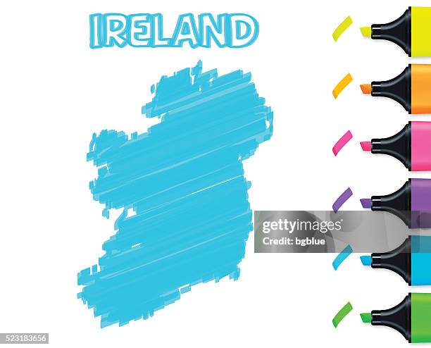 ireland map hand drawn on white background, blue highlighter - dublin stock illustrations