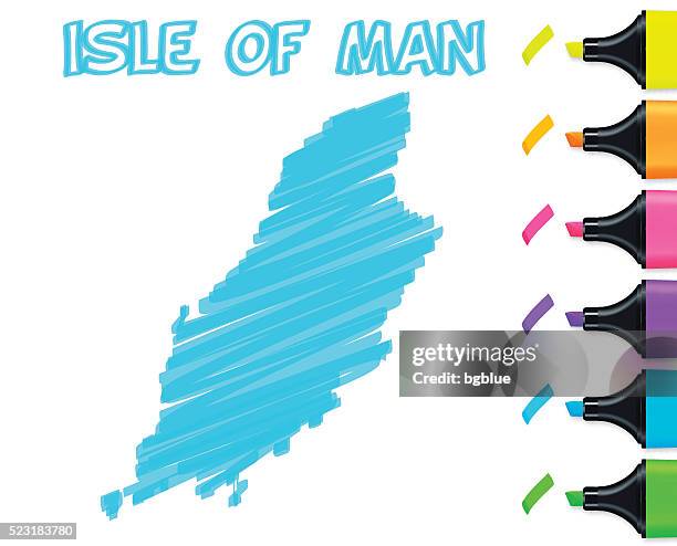 isle of man map hand drawn, white background, blue highlighter - irish sea stock illustrations