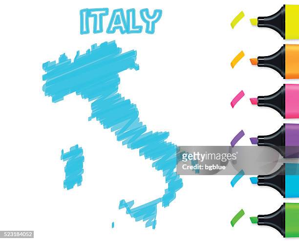 illustrazioni stock, clip art, cartoni animati e icone di tendenza di italia mappa disegno a mano libera su sfondo bianco, blu evidenziatore - disegno a matita