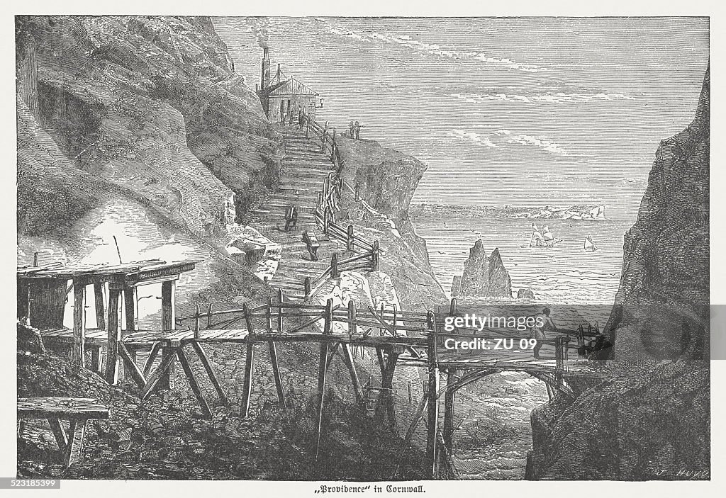 Tin and copper mine, Cornwall, England, wood engraving, published 1877