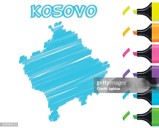 kosovo map hand drawn on white background, blue highlighter - pristina stock illustrations