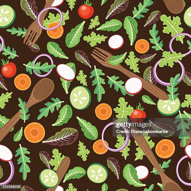 seamless tossed salad with serving utensils pattern - cherry tomatoes stock illustrations