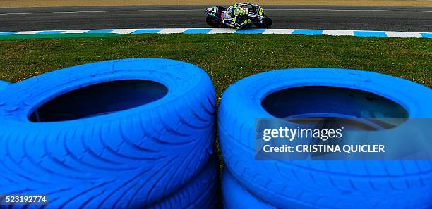 Movistar Yamaha MotoGP's Italian rider Valentino Rossi rides during the first MotoGP free practice session of the Spanish Grand Prix at the Jerez...