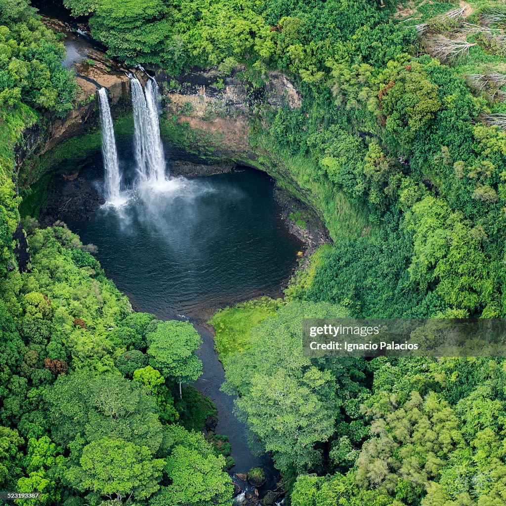 Aerial views of Wailua falls, Kauai