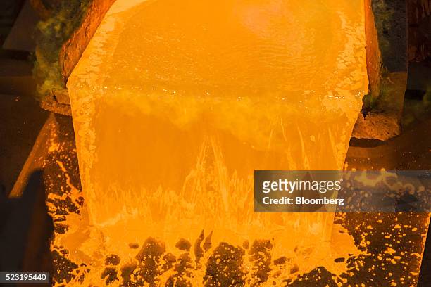 Molten copper pours into an anode casting wheel at the Aurubis AG metals plant in Hamburg, Germany, on Thursday, April 21, 2016. China has...