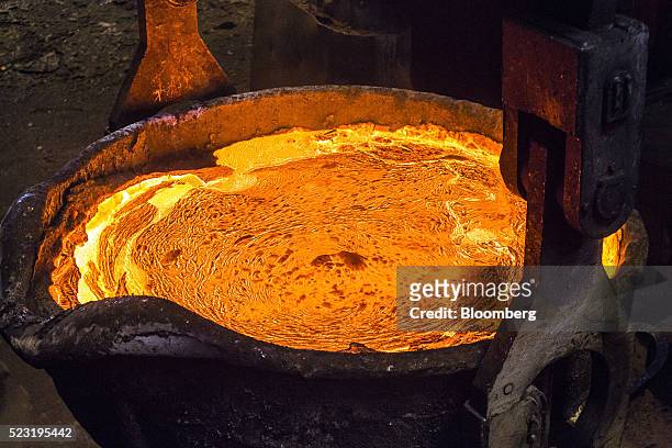 Molten copper sits in a ladle at the Aurubis AG metals plant in Hamburg, Germany, on Thursday, April 21, 2016. China has accumulated most of the...