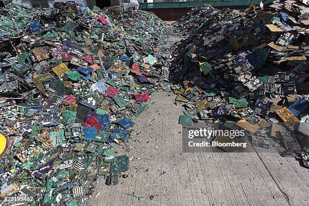 Electronic circuit boards and computer components sit in a scrapyard ahead of recyling at the Aurubis AG metals plant in Hamburg, Germany, on...