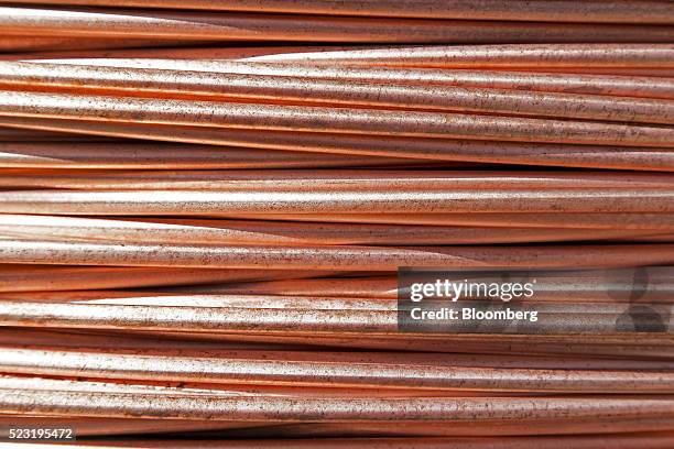 Spools of copper wire sit in a storage yard ahead of shipping at the Aurubis AG metals plant in Hamburg, Germany, on Thursday, April 21, 2016. China...