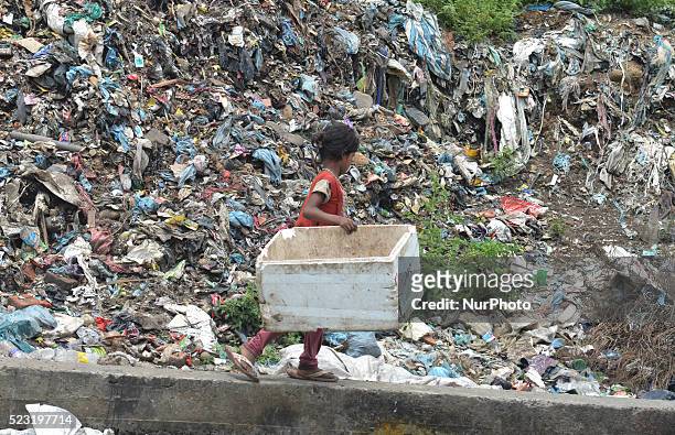 An Indian girl with a cartoon box walk pass by heaps of garbage as a Goat search food at a dumping site on World Earth Day in Dimapur, India north...