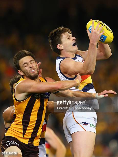 Jake Lever of the Crows marks infront of Jack Gunston of the Hawks during the round five AFL match between the Hawthorn Hawks and the Adelaide Crows...