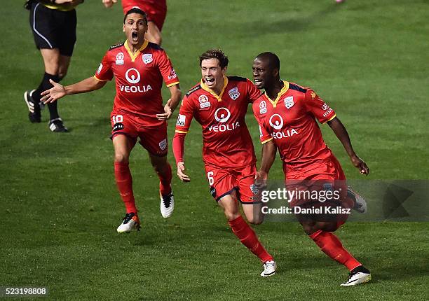 Bruce Djite of United reacts after scoring a goal during the A-League Semi Final match between Adelaide United and Melbourne City at Coopers Stadium...